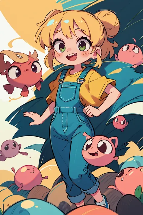 master part, Beautiful, 4k, circunstanciado, detalhes intrincados, Child, Loli, catsuit, denim jumpsuit, Handcuffed overalls, blonde hair, longos rabos de porco loiros, Cabelos ballies, bolas de gravata de cabelo rosa, rabos de porco de fluxo longo, olhos ...