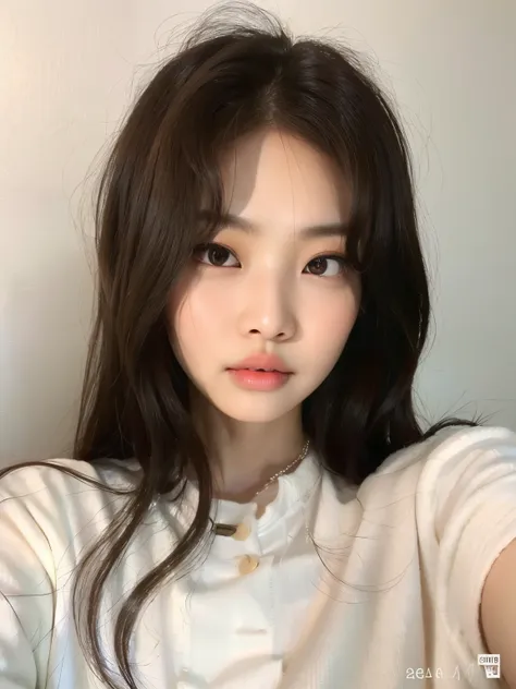 um close up de uma mulher com cabelos longos e uma camisa branca, jennie blackpink, com rosto redondo, jinyoung canela, ulzzang,...