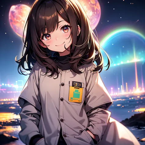 one girls(A dark-haired、Brown eye、a short bob、Enlarged depiction of the upper body、masutepiece、超A high resolution、No background, thin、Smile and signal、Smile with your mouth wide open、Cute smile、Detailed limb depiction、)
、white cute clothes、
Neon color back...