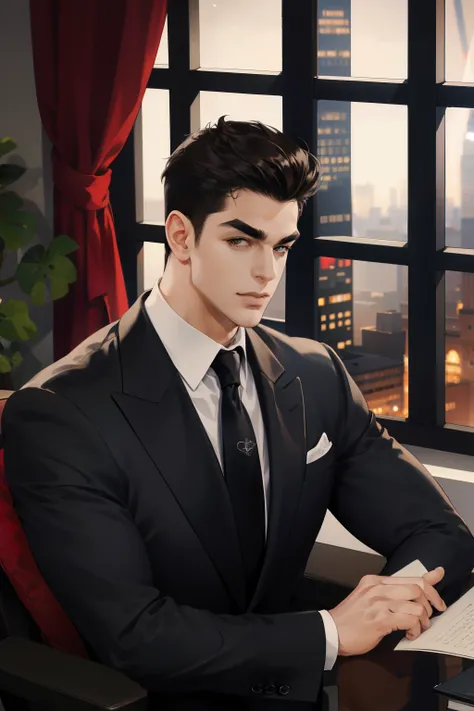 (absurdres, highres, ultra detailed), (1 male, solo, adult, mature:1.4, aged up:1.4, old age, tall muscular guy, broad shoulders, handsome), very short hair, black hair, pomade, brown eyes, (angular jaw:1.4, thick neck:1.4, thick eyebrows:1.4), BREAK, nigh...