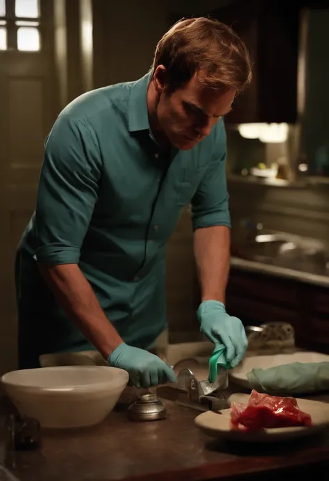 A photo of Dexter carefully cleaning and sanitizing his kill tools,original,michael c hall