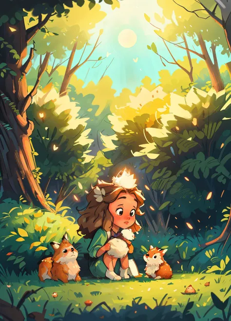 best quality,4k,8k,highres,masterpiece:1.2),ultra-detailed,(realistic,photorealistic,photo-realistic:1.37),Enchanted forest, little girl illuminated by the soft moonlight,playful foxes,graceful fawns,adorable cubs,wise owls,cute bunnies,prickly hedgehogs g...