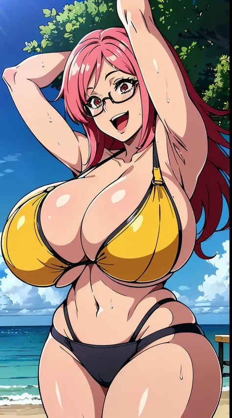 Breast Focus,From below,NSFW,(hightquality、high-level image quality、masutepiece、4K,8K)、(Arms up:1.2),Phyllis syrup,eye glasses、Pink hair color、Long hair,(The bikini:1.2),(huge-breasted:1.5),Glamour、A sexy、erotick、(beach,sea:1.3),(Open mouth,Happy smile、Wet...