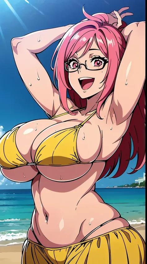 Breast Focus,From below,NSFW,(hightquality、high-level image quality、masutepiece、4K,8K)、(Arms up:1.2),Phyllis syrup,eye glasses、Pink hair color、Long hair,(The bikini:1.2),(huge-breasted:1.5),Glamour、A sexy、erotick、(beach,sea:1.3),(Open mouth,Happy smile、Wet...