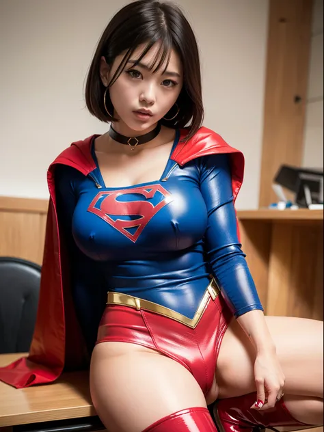 ​masterpiece,Short-haired supergirl spreading her thighs on a hospital operating table、large full breasts、Looking at the camera、Glossy enamel costume、Glossy red enamel long boots、shiny red enamel skirt、a choker、Glimpse、Fluttering cloak、seduces、sexypose、sha...