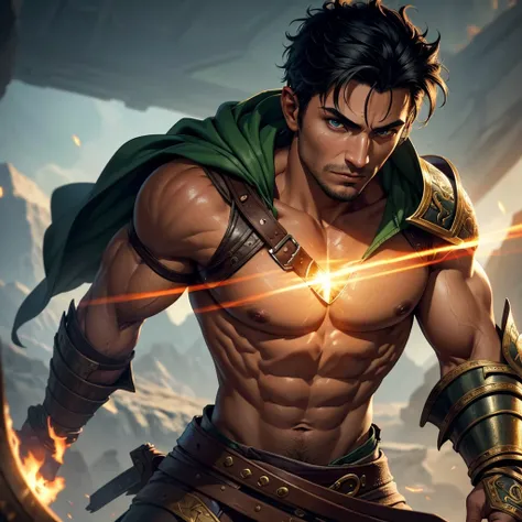 Young Adult Male Fighter with green energy around him, he has tan skin, he has short black hair, he has green eyes, dungeons and dragons, Dark Fantasy, Dark Fantasy Style art, Dark Fantasy Portrait, Warrior King, Demi God, God King, Dark Fantasy Portrait o...