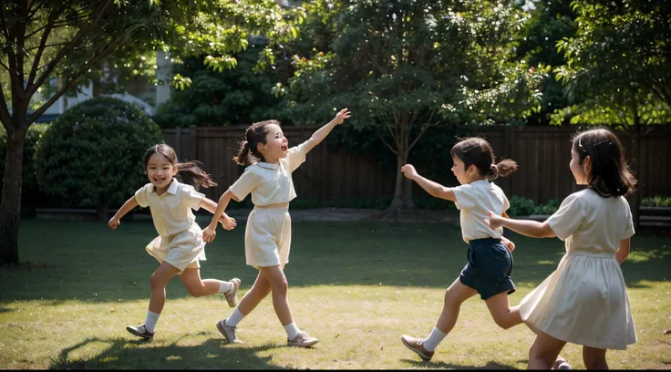 best quality,ultra-detailed,children running in a park,playing,Japanese children,classic 1940s aesthetic,vibrant colors,vintage feel,long shadows,detailed facial expressions,fine brushwork,joyful atmosphere,beautifully captured movement,authentic nostalgic...