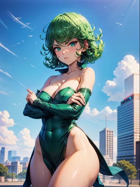 1girl, short green hair, green eyes, ((strapless dress, standing, crossed arms, thighs focus, smug, in a street)), curvy figure, overlooking city, blush, day 

BREAK 

(((Masterpiece))), ((Highly detailed character)), ((perfect eyes)), ((perfect face)), ((...