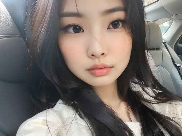 arafed asian woman with long black hair sitting in a car, jaeyeon nam, young adorable korean face, wan adorable korean face, jin...