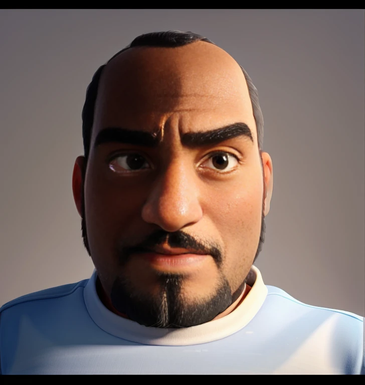 Cartaz da Pixar, homem de cor negro, com cabelo estilo militar, barba pequena e preta com sinais de velhice, com olhos castanhos escuro de pequeno tamanho, com metade do rosto escuro e a outra metade iluminada pelo sol das 6h, in front of a blue wall lit b...