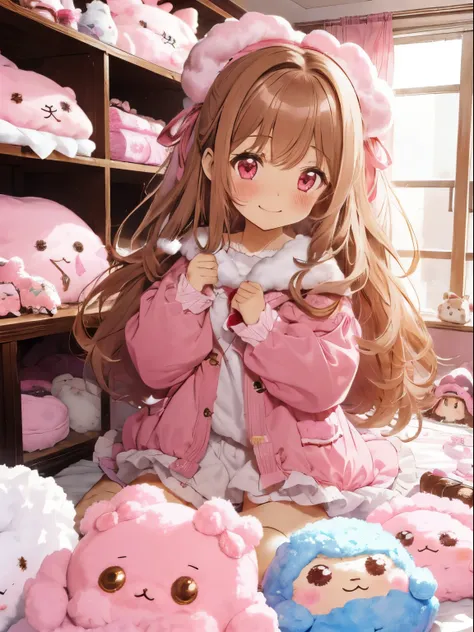 a room with lots of pink fluffy things,fluffy voluminous hair,lightbrown hair,hair band with big ribbon,fluffy and warm clothes,...