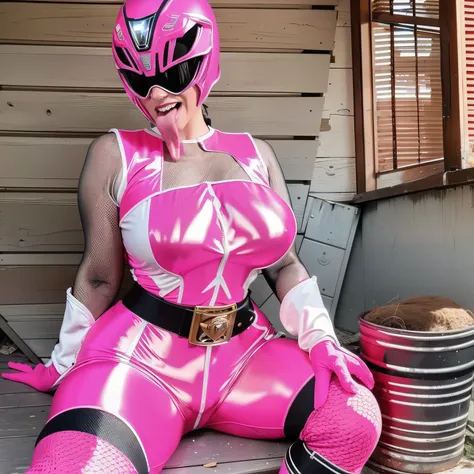 (masutepiece:1.1, Best Quality:1.1, 16 K, High resolution), 1womanl, (Ultra-realistic portrait of the Pink Power Ranger), Ultra-detailed, Illustration, (Pink Power Rangers Costume, Belt bag, gloves, sentai helmet, Sunglasses, Pink helmet, pink spandex vest...