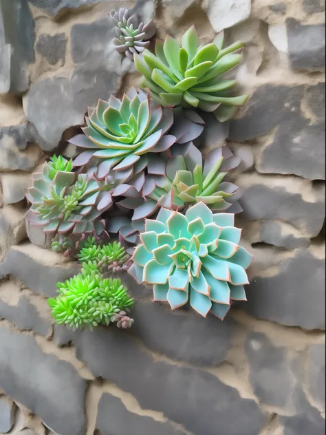 Succulents growing from the cracks in the wall，Hanging down like a waterfall。