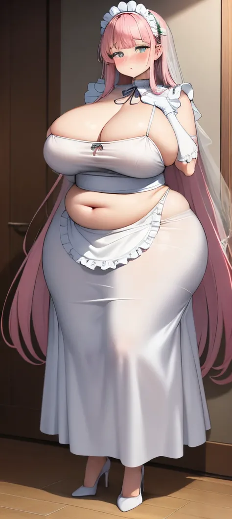 realistic, 1girl, pink hair, very long hair, wear bride veil, straight hair, blunt bangs, (beautiful eyes), blush, ((((white maid dress, fully clothed)))), ((big breast)), maid headband, white hand gloves, high heels, ribbon, night, indoor, staring at view...