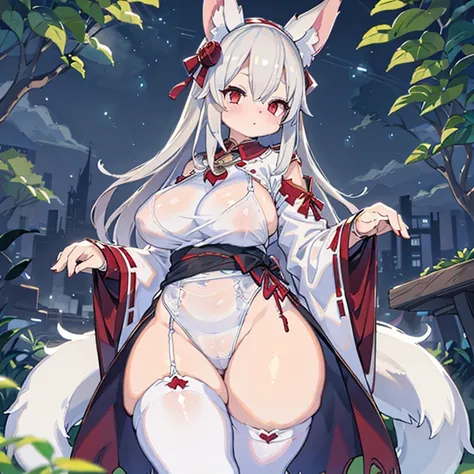 youthful(white fox ears,Red Eyes),wet nurse,large boobs,Beautiful thighs