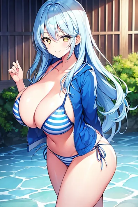 1girl, blue hair, large breasts, thick thighs, wide hips, blue jacket, yellow eyes, white hair, horizontal stripes, striped bikini, smile, happy, light smile, long hair, open jacket, bikini, 2d, anime style, anime screencap, medal