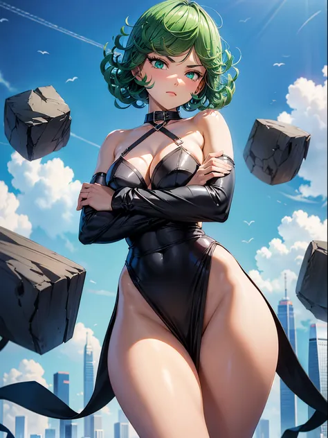 1girl, short green hair, green eyes, ((black strapless dress, standing, crossed arms, thighs focus, smug, in Hong Kong Monster Building)), curvy figure, blush, day 

BREAK 

(((Masterpiece))), ((Highly detailed character)), ((perfect eyes)), ((perfect face...