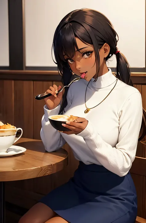 １girl,Beautiful dark-skinned girl licking a spoon in a cafe,Brown-skinned,Very cute,i&#39;I&#39;m laughing with my tongue out,Her smooth black hair is tied in low twintails..,Accurately drawn face,Slender but big breasts,erectile nipple,Hold the silver spo...