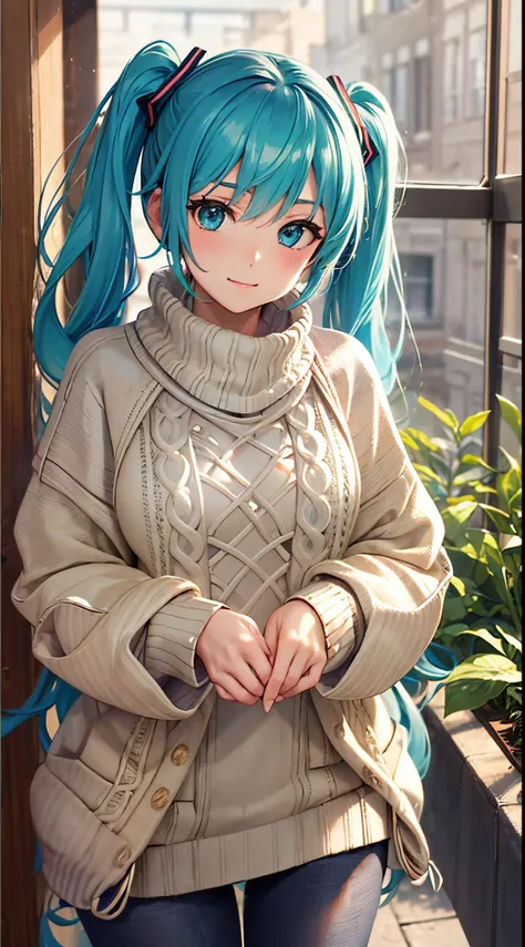 miku hatsune，((Sweaters & Knitwear:1.5)),frontage，is standing，tmasterpiece，Highest image quality