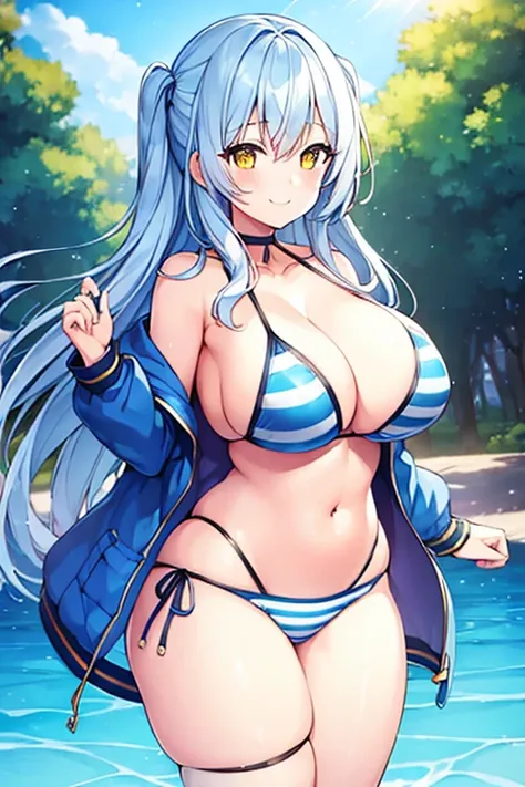 1girl, blue hair, large breasts, thick thighs, wide hips, blue jacket, yellow eyes, white hair, horizontal stripes, striped bikini, smile, happy, light smile, long hair, open jacket, bikini, 2d, anime style, anime screencap, Epaulettes