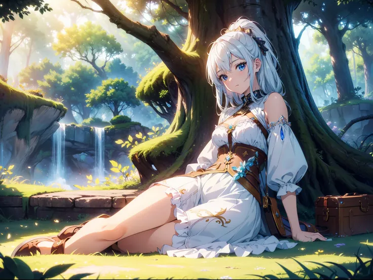 1 cute girl , sitting, (reclining against tree) ,((fantasy art)), cowboy shot ,(close to viewer) , (character focus), cinematic lighting, sunlight, high resolution ,(incredibly absurdres) ,extremely detailed CG unity 8k wallpaper, ((masterpiece)), ((top-qu...