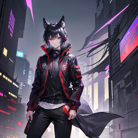 Masterpiece, high res, the body of a young man, Sci-fi jacket,, black pants, headphones around neck, wolf ears on head, Sci-fi city background, (short black hair, (Violet draconic eyes, wearing black and red Jacket)