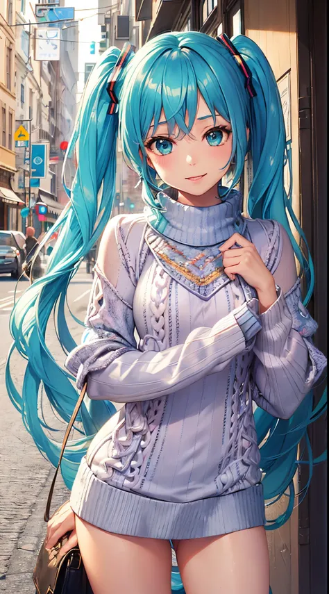 miku hatsune，((Sweaters & Knitwear:1.5)),frontage，is standing，tmasterpiece，Highest image quality