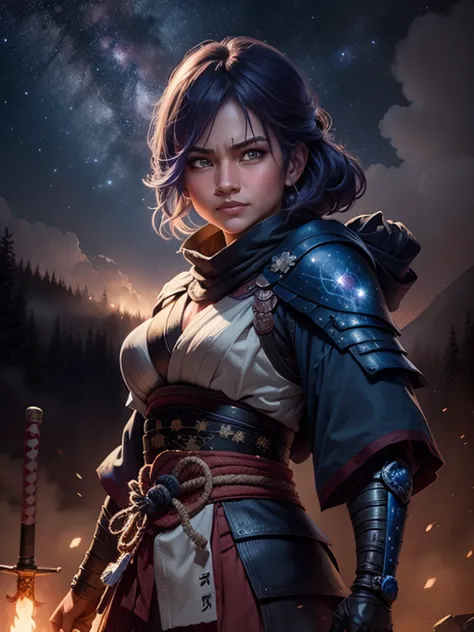 1girl, desenho de una samurai zumbi segurando uma katana, with a starry night sky and mist enveloping the scenery.