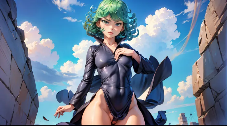 (masterpiece, best quality: 1.2), cowboy shot, solo, 1girl, (tatsumaki), angry, mouth shut, looking at the viewer, arms crossed, black dress, blue sky, clouds, wide hip, thick thighs, defined body, perfect beautiful body, perfect beautiful ass, micro white...