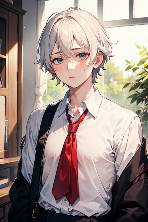 Couple(white haired boy Wear a Japanese school uniform Unbuttoned shirt, red-faced, shy, handsome, sweating.) man