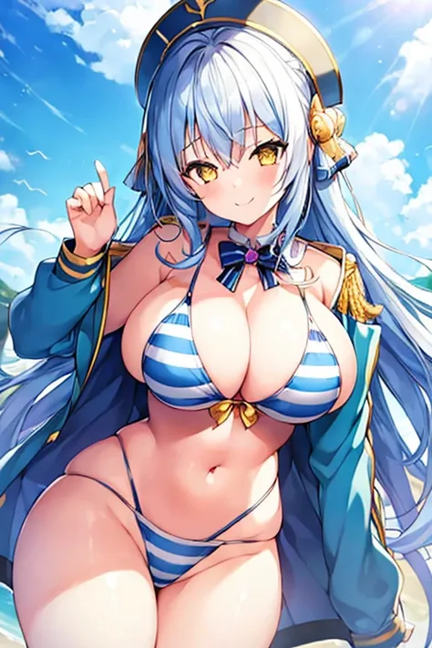 1girl, blue hair, large breasts, thick thighs, wide hips, blue jacket, yellow eyes, white hair, horizontal stripes, striped bikini, smile, happy, light smile, long hair, open jacket, bikini, 2d, anime style, anime screencap, Epaulettes