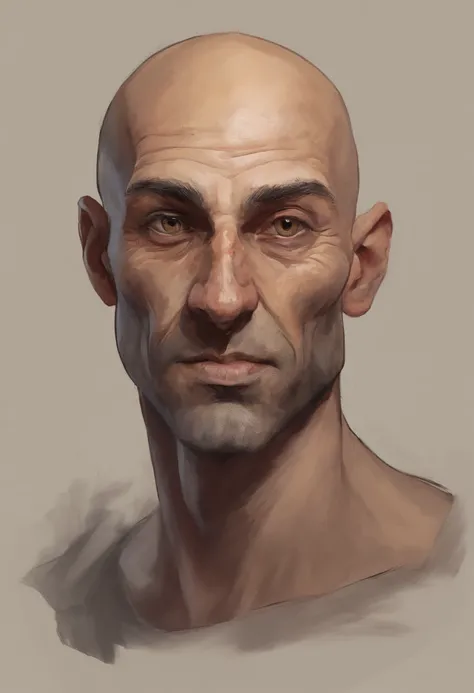 human bandit, a dagger between his teeth. bald, deepset eyes, hook nose, shabby clothes in drab browns and muted grays. Skinny, perhaps a desperate look in his eyes.