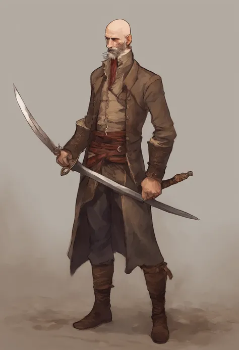 human bandit, a dagger between his teeth. bald, deepset eyes, hook nose, shabby clothes in drab browns and muted grays. Skinny, perhaps a desperate look in his eyes.