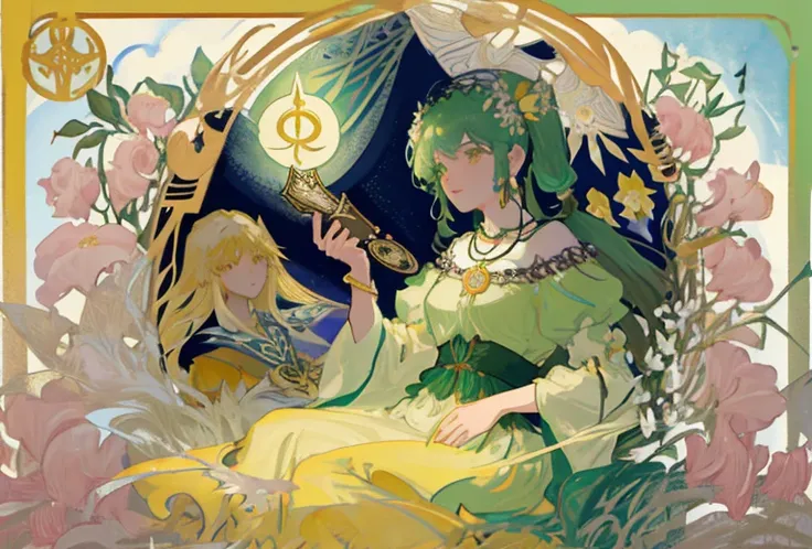 tmasterpiece、topquality、Alphonse Mucha、Jugendstil、 (Tarot card style:1.3)、Unique Tarot Card Structure, including floral and green elements、 blunt bangs、Long hair with pink double ponytails,,,、Upper torso、looking at the viewers、 In the middle of a green gar...