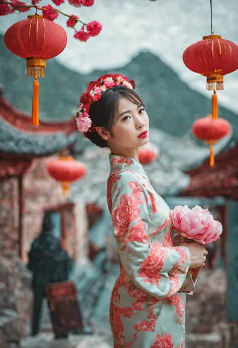 best quality at best，woman wearing cheongsam and peonies on her head，lanterns，mont、classical chinese architecture，paper cut styl...