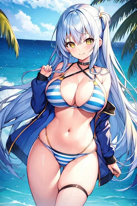 1girl, blue hair, large breasts, thick thighs, wide hips, blue jacket, yellow eyes, white hair, horizontal stripes, striped bikini, smile, happy, light smile, long hair, open jacket, bikini, 2d, anime style, anime screencap, epaulettes