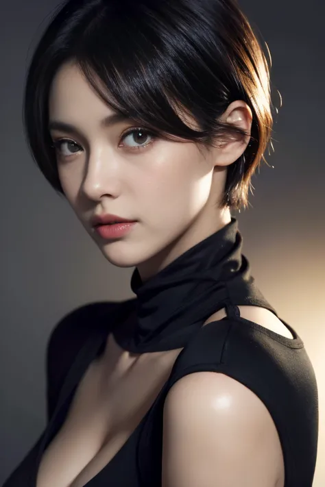 Short hair, Skin Tight Black Top:1.2, Looking at Viewer, Cinematic lighting, Perfect, softlight, High resolution skin:1.2, Realistic skin texture, Realistic face, Beautiful red eyes、off shoulders, Exposed cleavage,  Short hair, no-makeup、