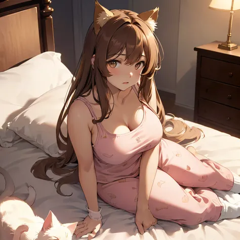 Masterpiece, best quality, ((((Solo)))), (Brown haired girl with long messy hair), (beautiful gold eyes), (slightly sad expression), bored, (((curvy hips))) (C Cups), (mature face), ((chubby)), (long pink pajama pants), (white tank top), ((neko cat ears)),...