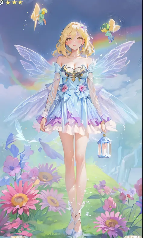 tmasterpiece，1个Giant Breast Girl，独奏，A yellow-haired，Skirt is shoulder-bared：1.2，wings，（（Angelic）），goddes，（（Move a little wider）），big breasts beautiful，（faeries）