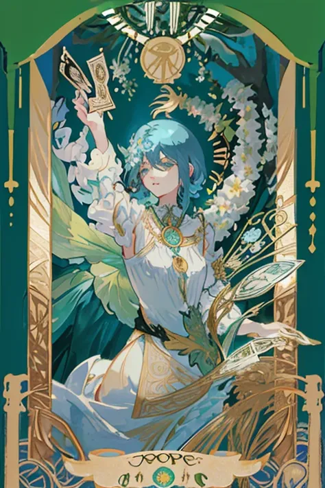 tmasterpiece、topquality、Alphonse Mucha、Jugendstil、
 (Tarot card style:1.3)、Unique Tarot Card Structure, including floral and green elements、Upper torso、looking at the viewers、
In the middle of a green garden、The Mysterious Girl 、Dance with Unearthly Creatu...