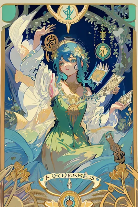 tmasterpiece、topquality、Alphonse Mucha、Jugendstil、
 (Tarot card style:1.3)、Unique Tarot Card Structure, including floral and green elements、Upper torso、looking at the viewers、
In the middle of a green garden、The Mysterious Girl 、Dance with Unearthly Creatu...