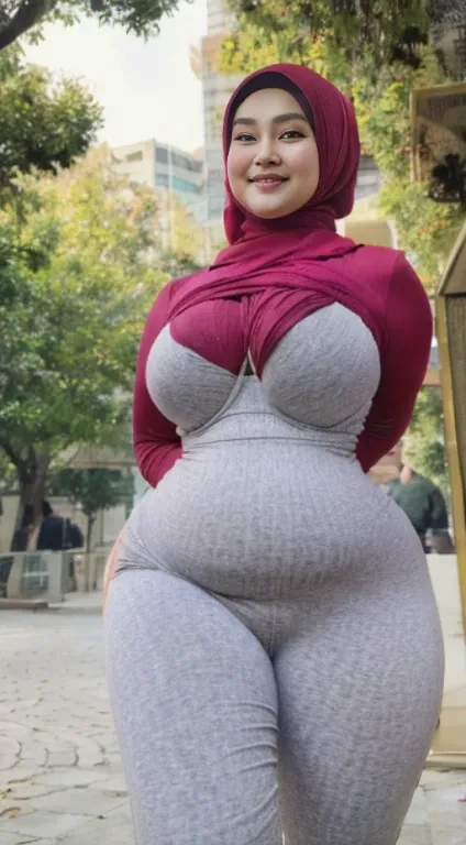 masterpiece, high quality photos, detailed photos, beautiful chubby Malay woman wearing a hijab, has super plump breasts, wearing a tight t-shirt, sexy leggings, big buttocks, posing smiling in the park, detailed body description, detailed facial descripti...