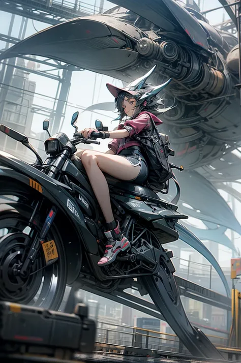 an girl rides a bicycle, dolphin shorts, A complex machinery structure in a futuristic city