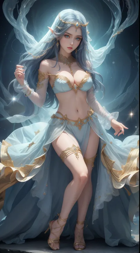 tmasterpiece，Highest image quality，Beautiful bust of noble elven dancer，Exquisite sky blue hairstyle，Clear golden eyes，veils，veils，heeled sandals，Has a dazzling array of、Well made jewelry，Ultra-detailed details，advanced。At the Pixiv Art Station，Break your ...