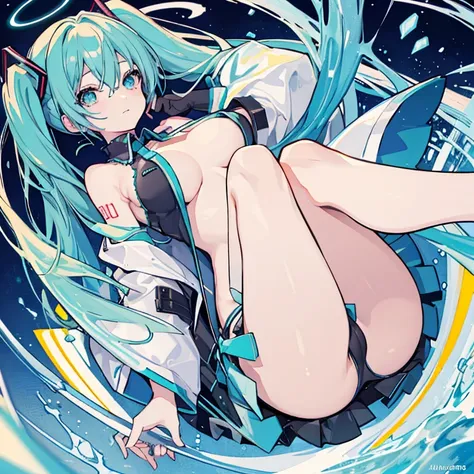 Hatsune Mikus Big Breasts，Opening legs，exposing the belly