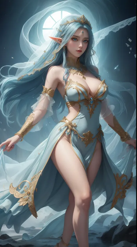 tmasterpiece，Highest image quality，Beautiful full body portrait of noble elf dancer，Exquisite sky blue hairstyle，Clear golden eyes，veils，veils，heeled sandals，Has a dazzling array of、Well made jewelry，Ultra-detailed details，advanced。At the Pixiv Art Station...