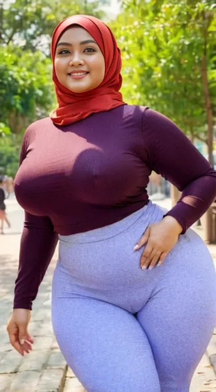 masterpiece, high quality photos, detailed photos, beautiful chubby Malay woman wearing a hijab, has super plump breasts, wearing a tight t-shirt, sexy leggings, big buttocks, posing smiling in the park, detailed body description, detailed facial descripti...