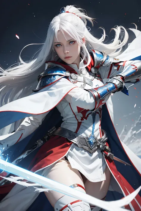 Female warrior white hair,blue eye, silver armor light reflect and red and blue line, red and blue cloak, white costume, equip sword and shield