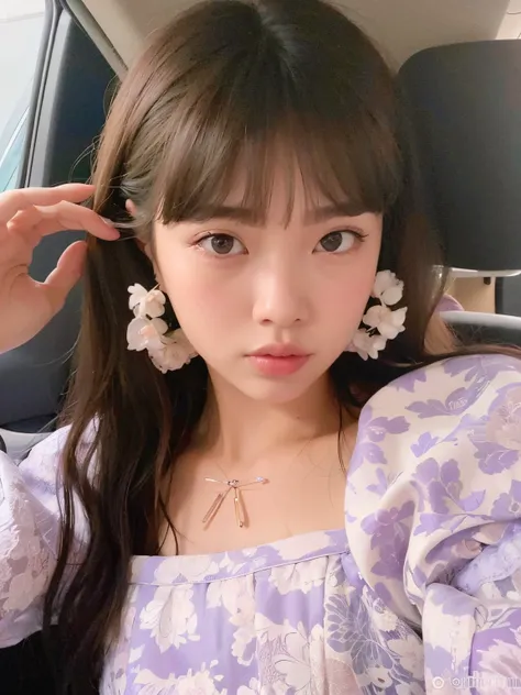 um close up de uma mulher com cabelos longos usando um vestido roxo, Ulzzang, Lalisa Manobal, Jinyoung Canela, branco hime corte penteado, maquiagem sul-coreana popular, Sakimichan, Heonhwa Choe, Chiho, Shikami, franja fofa, brinco, Jaeyeon Nam, com franja...