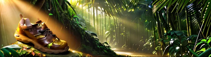 （a huge brown travel shoe），tmasterpiece，（Very detailed CG unified 8k wallpaper）Best quality at best），Jungle theme and natural elements，Tall trees，rays of sunshine，（nature elements）（Jungle theme）（Ray traching）